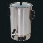 Silver electric coffee urn with black handles, spigot, and lid knob.