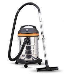 A silver industrial vacuum cleaner with black hose and handle on a white background.