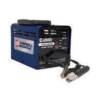 Blue Campbell Hausfeld stick welder with black handle and cables.