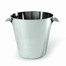 Stainless steel ice bucket with two handles.