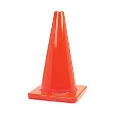Orange traffic cone on a square base, used for road safety.