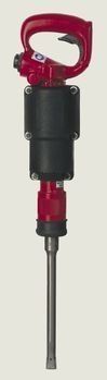 A red and black pneumatic jackhammer tool with a handle.