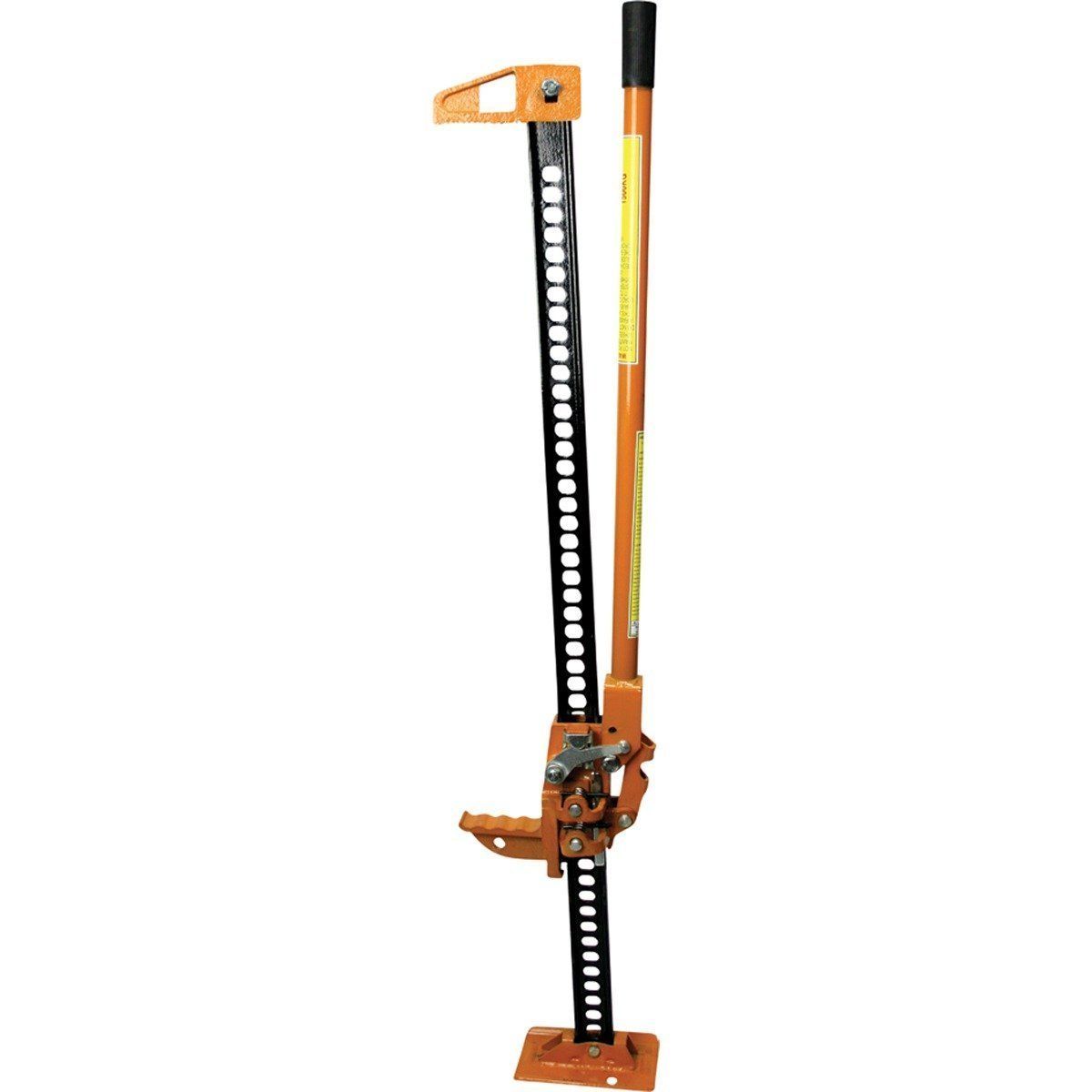 Orange and black high-lift jack, upright on a flat base, used for lifting vehicles.