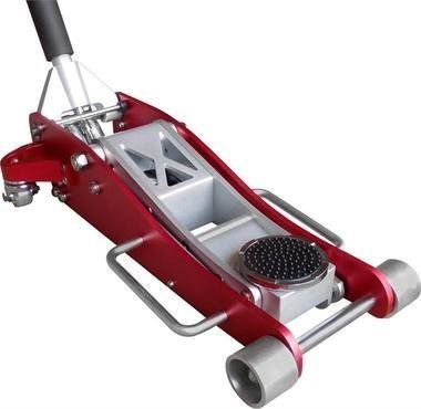 Red and silver hydraulic floor jack with handle, wheels, and lifting pad.