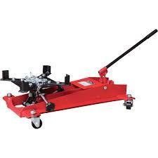 Red transmission jack with a black handle, ready for use.