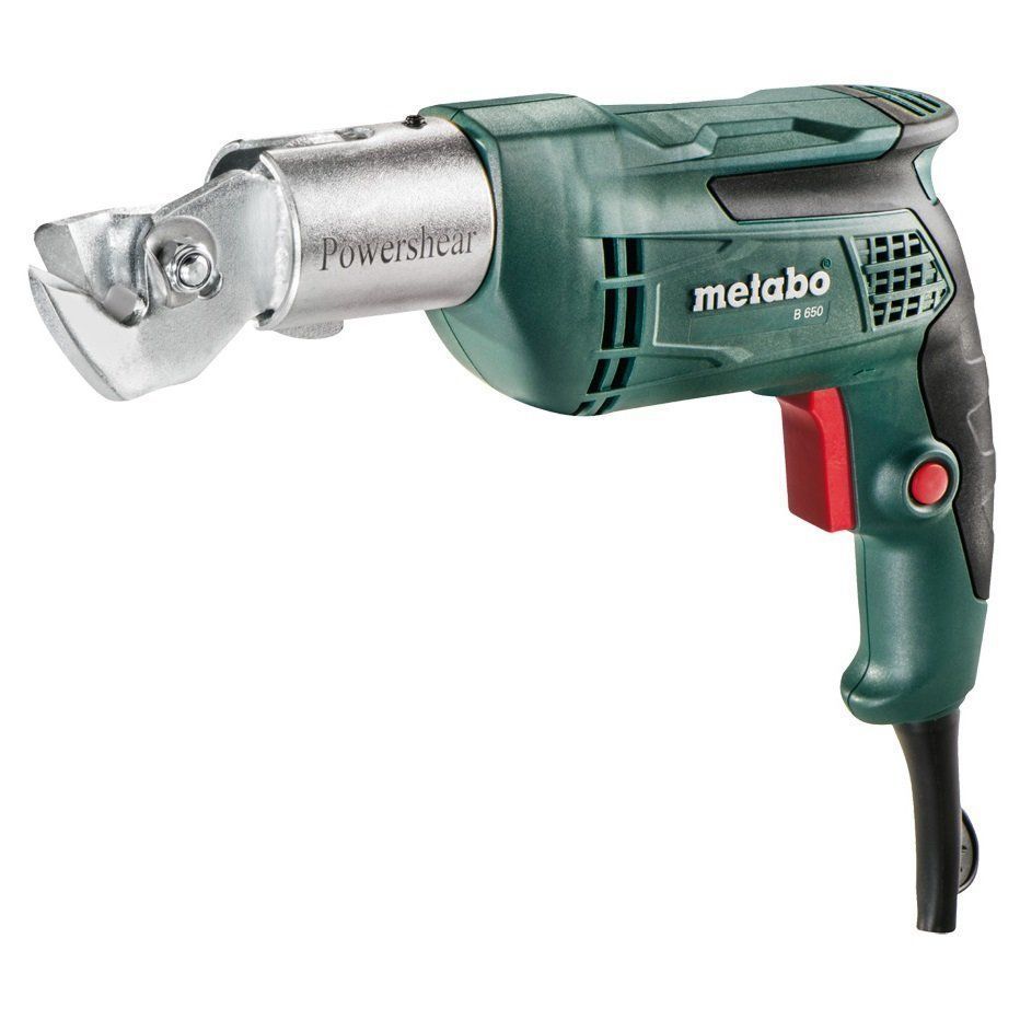 Green and black Metabo PowerShear tool, cutting blade extended, red safety button, corded.
