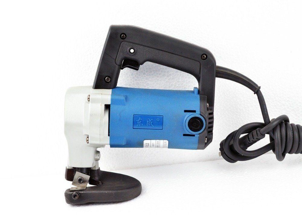 Blue and white electric metal shear tool with black handle and power cord.