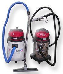 Two wet/dry vacuum cleaners, one white/red and one silver/red, with hoses and cleaning attachments.