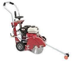 Red walk-behind concrete saw with a silver blade, black engine, and handle; used for cutting concrete.