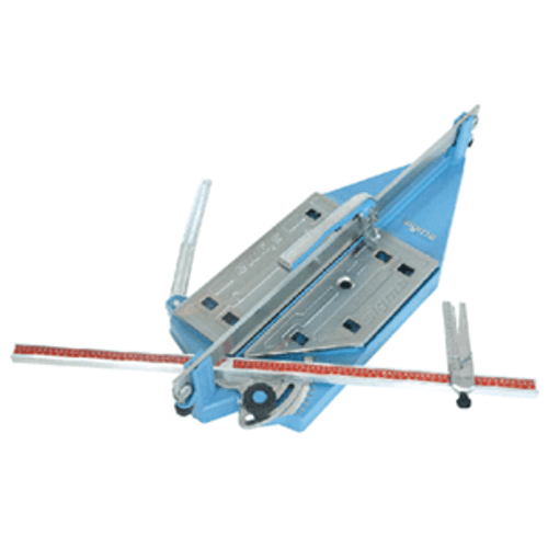 Blue manual tile cutter with red rulers.