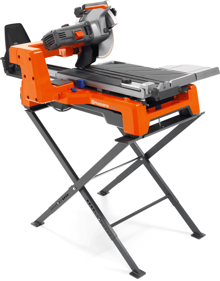 Orange Husqvarna tile saw on a black metal stand, ready to cut tiles.