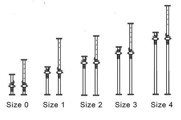 Diagram of adjustable construction supports increasing in size, labeled Size 0 to Size 4.