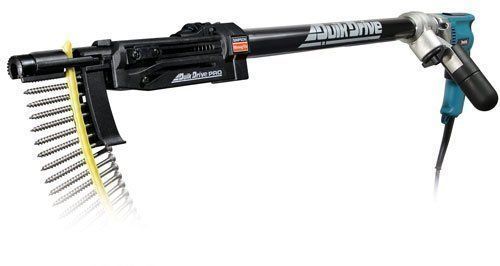 Black and blue collated screw gun with a yellow screw strip, attached to a power drill.