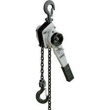 A silver and black chain lever hoist with a black hook at each end, for lifting.