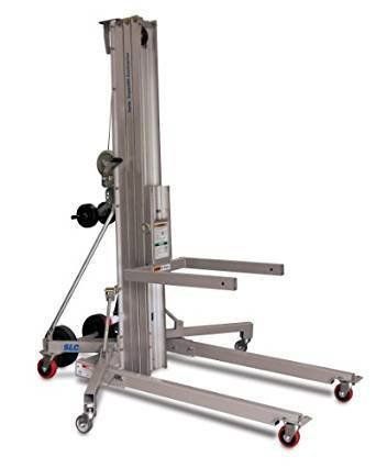 Aluminum material lift with extendable forks on a wheeled base.