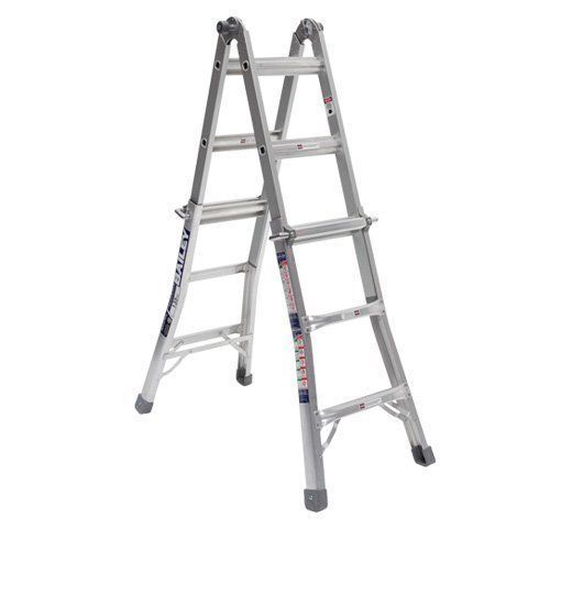 Silver aluminum step ladder, open and ready for use.