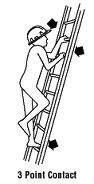 Person in hard hat climbing a ladder, using three points of contact for safety.