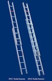 Two tall, silver extension ladders on a dark blue background. One extended, one retracted.