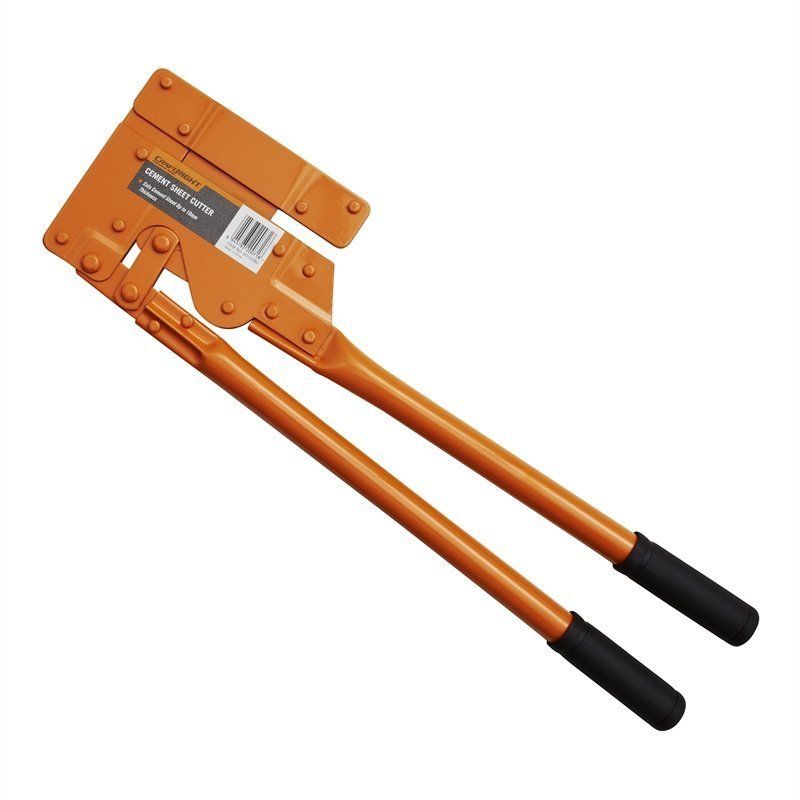 Orange sheet metal shear with black handles, used for cutting.