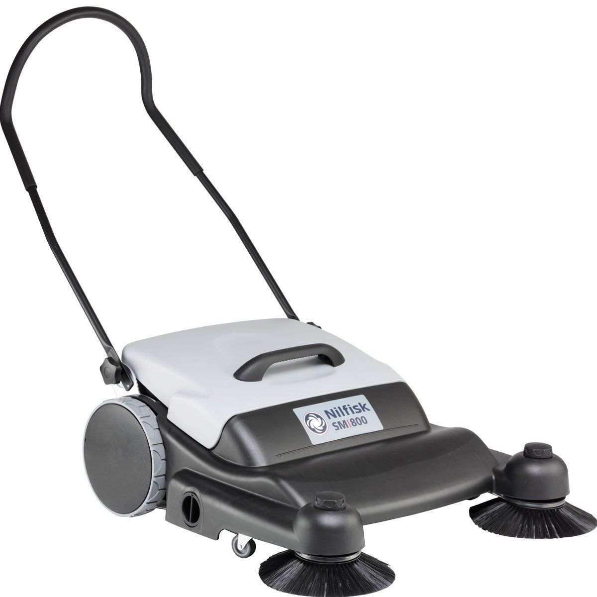 Nilfisk SW 850 push sweeper, black and gray, with side and main brushes, and a handle for pushing.