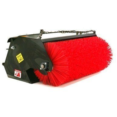 Red-bristled snow sweeper attachment for a tractor, angled view. Black metal frame, chain at top.
