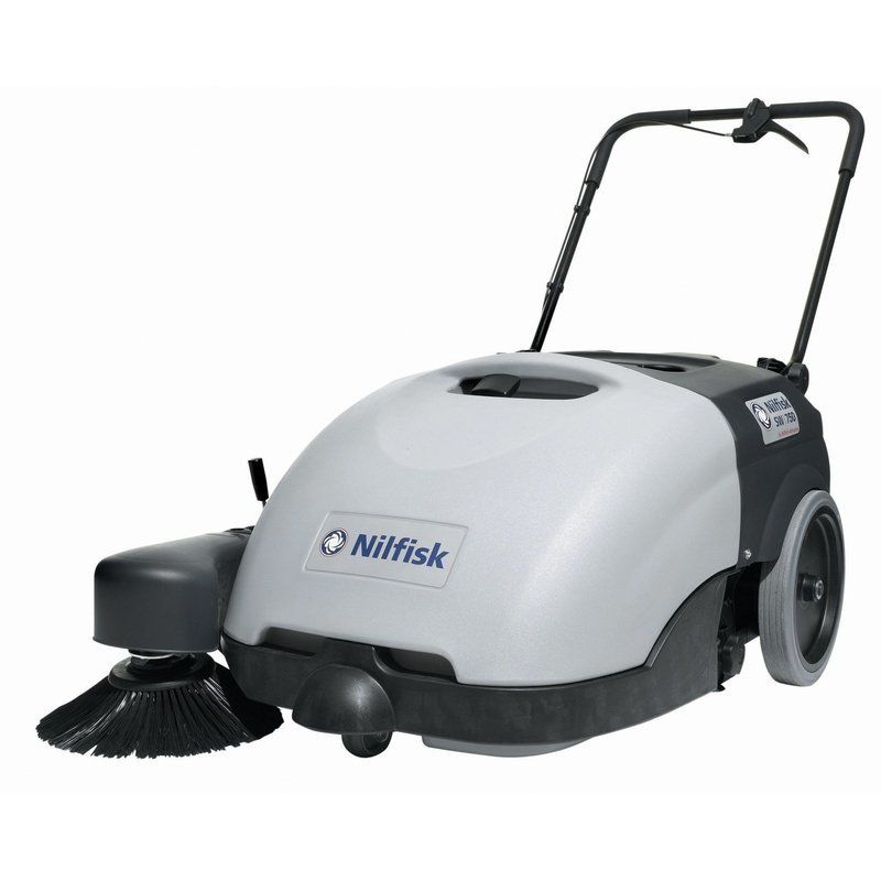 A Nilfisk floor sweeper with a light gray body, black handle, and side brush, on a white background.