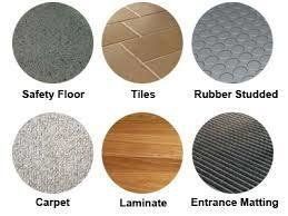 Floor surface samples: safety floor, tiles, rubber studded, carpet, laminate, entrance matting.