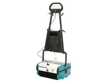 Upright teal floor cleaning machine with a black handle, used for industrial cleaning.