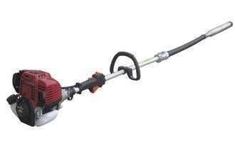 Gas-powered hedge trimmer with red engine and long extending arm for trimming.