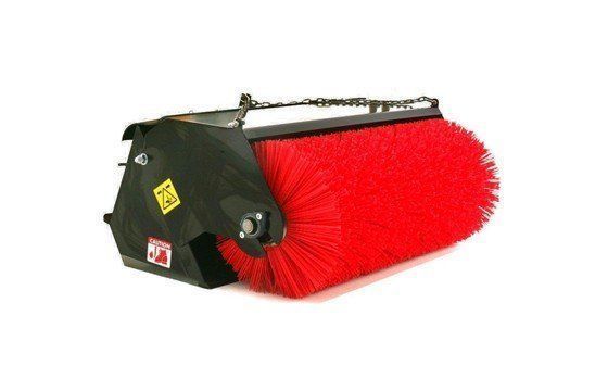 Red brush attachment for a tractor, used for sweeping.