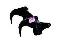 Black grapple hook, likely for a tractor or heavy machinery, with two curved, pointed tines.