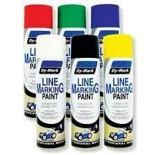 Spray paint cans of various colors: red, green, blue, white, black, and yellow, for line marking.