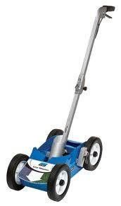 Blue and white line marking machine on wheels, used for painting lines on surfaces.