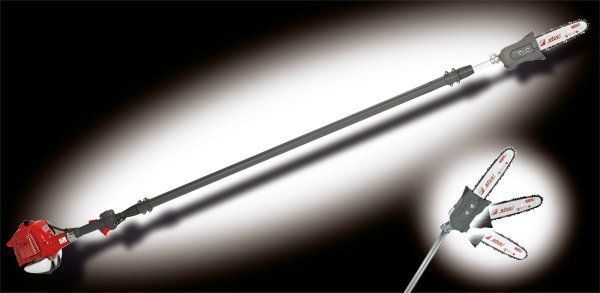 Pole saw against a black background, spotlight on the tool.