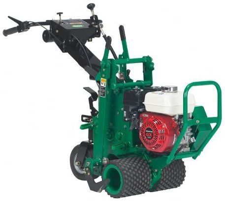 Green lawn dethatcher machine with a red engine on a white background.