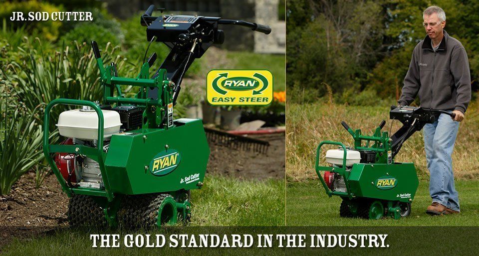 Two images: Ryan Jr. sod cutter, green, with a man operating it on grass; 