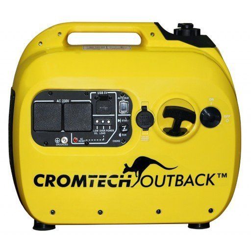 Yellow Cromtech Outback generator with control panel and handle.