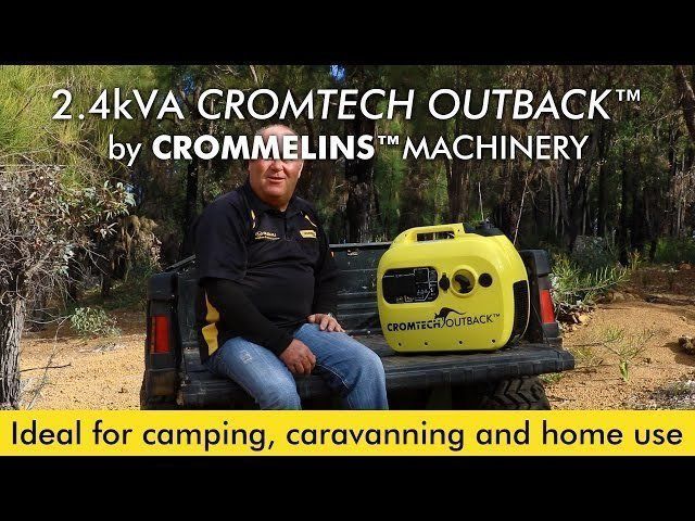 Man with a Cromtech Outback generator on a truck bed, ideal for camping, caravanning, and home use.