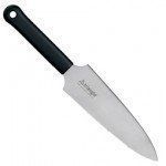 Chef's knife with black handle and silver blade, angled on a white background.