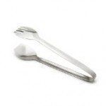 Silver metal salad tongs.
