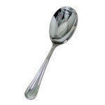 Silver serving spoon with a deep bowl.