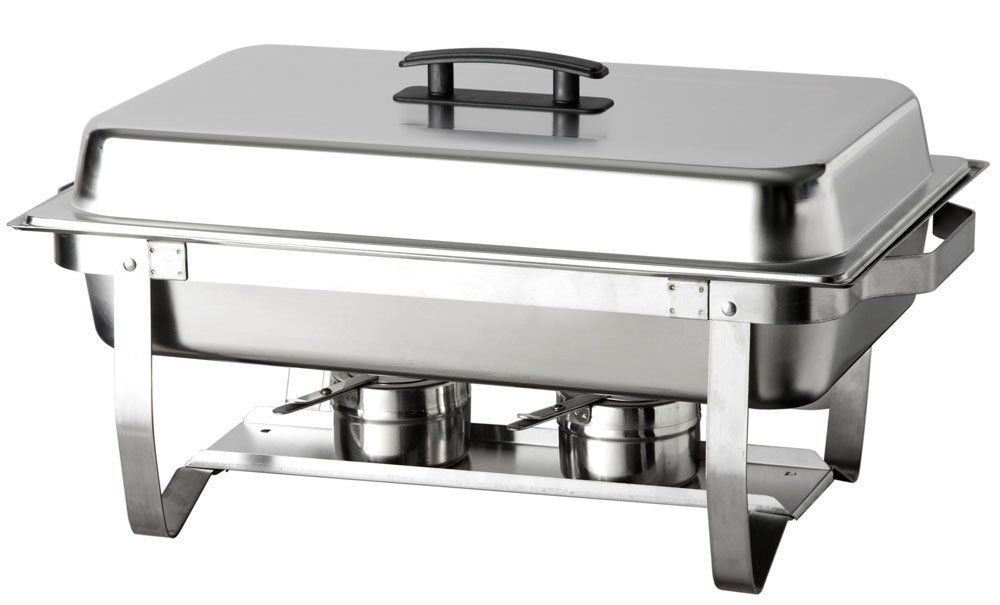 Stainless steel chafing dish with lid and fuel holders, used for keeping food warm.