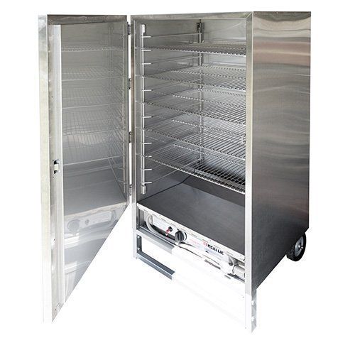 Stainless steel commercial smoker with open door, revealing shelves and gas burner.