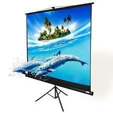Projector screen displaying dolphins swimming near a tropical island, on a black tripod.