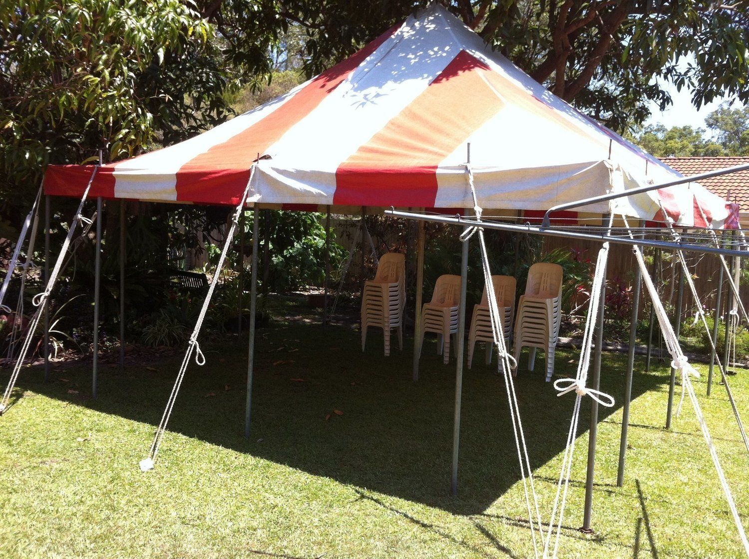 Red and white striped tent set up on green grass with chairs, in a backyard.