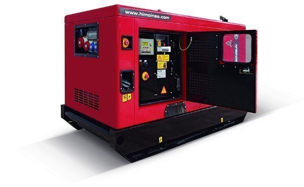 Red generator with black door open, displaying control panel and engine.