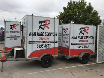 Three trailers for R&R Hire Services, Caboolture, with red and black logos. Parked outdoors.