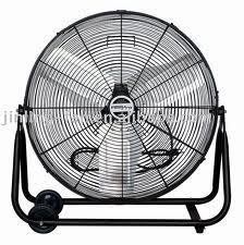 Black industrial floor fan with cage and stand; it has wheels.