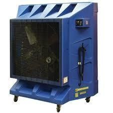 Blue industrial evaporative cooler with a large fan and control panel.