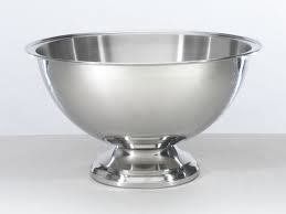 Stainless steel punch bowl with a pedestal base.
